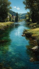 Tranquil river scene with lush green banks and distant hills