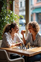 Two white friends playing chess at a sunny outdoor café, laughing and sipping coffee. The table is wooden, with plants and city street in the background