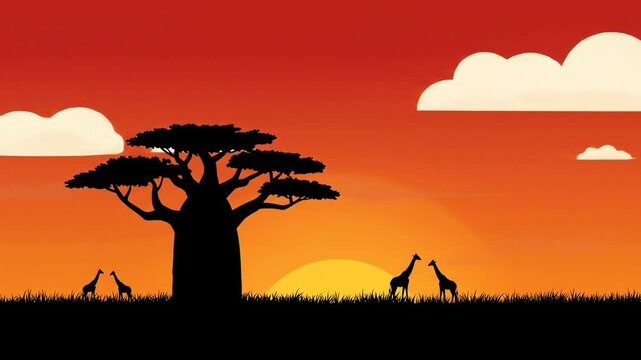 African sunset with silhouetted giraffes baobab and grass