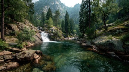 Tranquil waterfall cascades into a clear river in lush, green forest