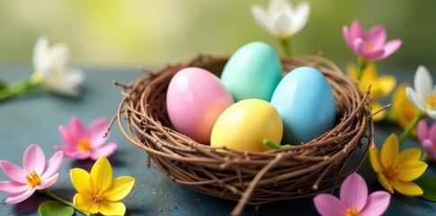 Fototapeta premium Pastel colored eggs in a nest with spring flowers , promotion, nature