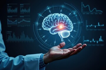 A futuristic hologram of a human brain floating above a scientist's hand, with data streams and digital graphs around, symbolizing advanced brain research