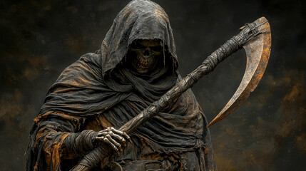 shadowy reaper figure stands ominously, draped in deep black tattered cloak gripping ancient scythe, skeletal hands protrude from sleeves, contributing eerie atmosphere