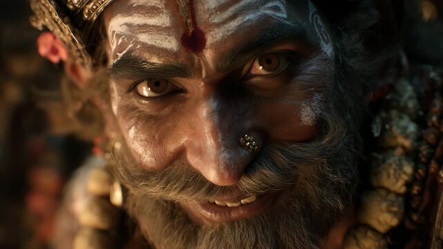 Photorealistic depiction of Narada, the divine sage, exuding mischief and wisdom, evoking a sense of intrigue and conflict. Inspired by Hindu mythology, Vedas.