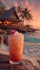Tropical cocktail, hut, ocean, palms, sunset, beach