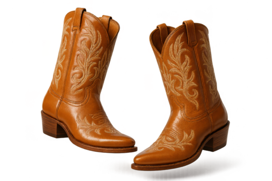 Stylish pair of classic brown cowboy boots isolated on a transparent background.