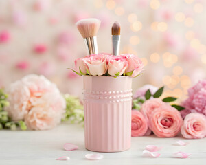 Pink paintbrush holder with roses in pastel setting