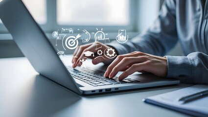 Online education and digital learning concept. Hands typing on a laptop with education icons such as diploma, brain, and target, ideal for e-learning platforms, digital skill development.