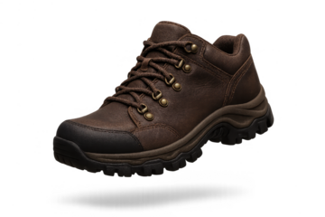 Durable brown leather hiking boot isolated on transparent background