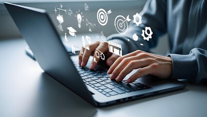 Online education and digital learning concept. Hands typing on a laptop with education icons such as diploma, brain, and target, ideal for e-learning platforms, digital skill development.