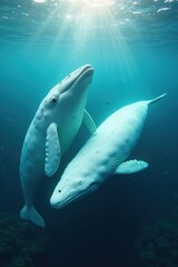 Fototapeta premium Two white whales swimming side by side near the surface, sunlight filtering through the water. The underwater scene is clear with small fish around