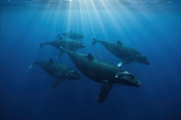 Obraz premium A group of black whales swimming together in deep blue ocean, sunlight rays piercing the water. The scene is calm and majestic