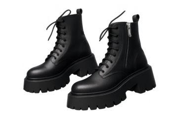 Black leather combat boots with thick soles isolated on transparent background.