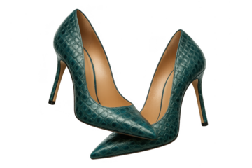 Elegant teal crocodile print high heels isolated on transparent background.