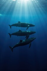 Obraz premium A group of black whales swimming together in deep blue ocean, sunlight rays piercing the water. The scene is calm and majestic