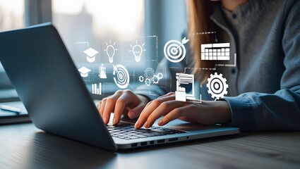 Online education and digital learning concept. Hands typing on a laptop with education icons such as diploma, brain, and target, ideal for e-learning platforms, digital skill development.
