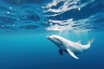 A white dolphin swimming close to the surface with bubbles around, sunlight shining through the water. The sea is calm and blue