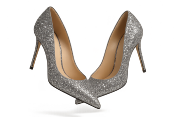 Sparkling silver glitter high heel shoes isolated on a transparent background