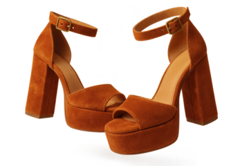 Stylish brown suede platform high heels isolated on transparent background, fashion.