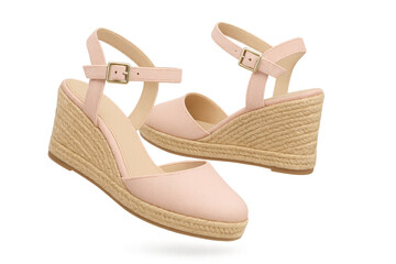 Stylish pink espadrille wedge sandals isolated on a transparent background