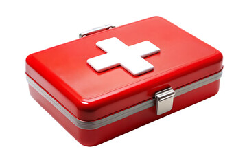 Red first aid kit with white cross symbol and metal clasps isolated on a transparent background medical kit