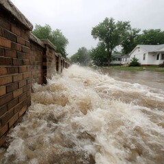 Turbulent flood waters surge past a brick wall, threatening houses