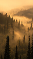Rideaux A serene forest ridge cloaked in early morning fog with tall pine trees silhouetted against the gentle glow of the rising sun. The mist creates a tranquil and mysterious atmosphere, highlighting the n