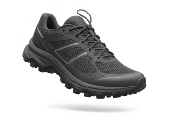 Single dark grey running shoe isolated on transparent background, sporty footwear