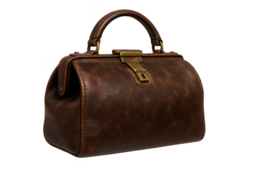 Antique style brown leather doctor's bag isolated on transparent background.