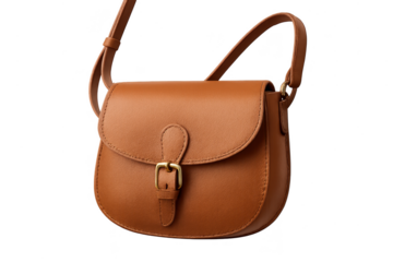 Classic brown leather saddle bag isolated on transparent background, fashion