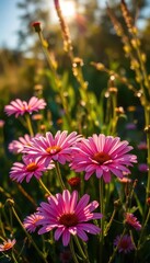 Obraz premium Sunlit wildflowers, glistening with morning dew, vibrant colors, fragile, dew, detail