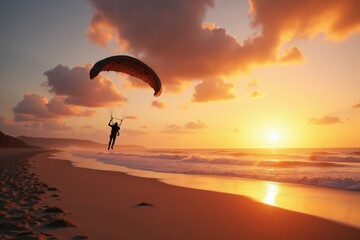 A black man parachutist landing skillfully on a sandy beach with ocean waves nearby, bright sunset sky with orange and purple hues. The moment is dramatic and beautiful