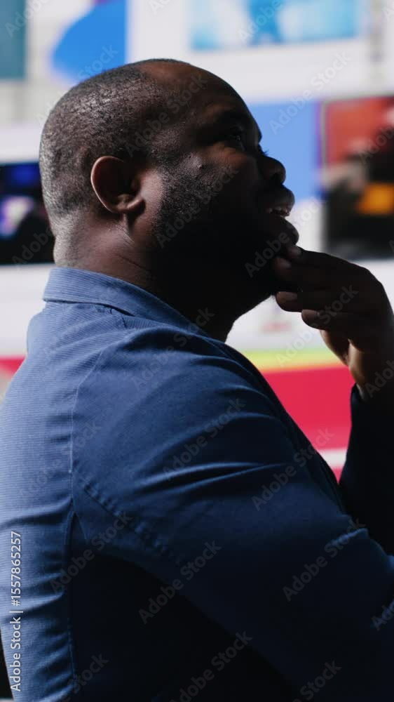 Poster vertical video modern black creator exploring digital world through web platforms, reflecting trends