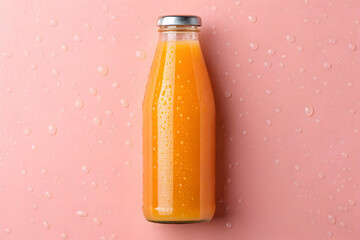 Mockup of orange juice bottle with fresh condensation pink backdrop