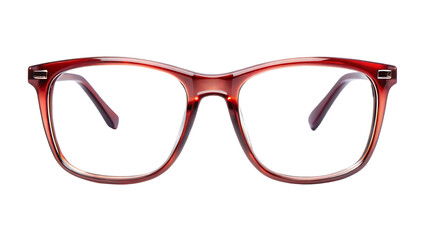 Red tortoise shell pattern eyeglasses with clear lenses and thick frames isolated on a transparent background