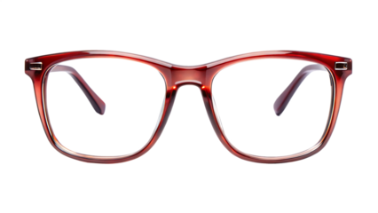 Red tortoise shell pattern eyeglasses with clear lenses and thick frames isolated on a transparent background