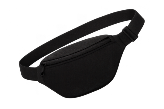 Black fanny pack isolated on transparent background, modern waist bag fashion