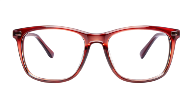 Red tortoise shell pattern eyeglasses with clear lenses and thick frames isolated on a transparent background