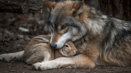 Obraz premium friendship between a wolf and a rabbit