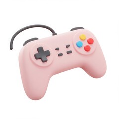 Pink game controller for playing video games. Modern cartoon joystick with buttons and d-pad for entertainment. Cute 3d rendering.