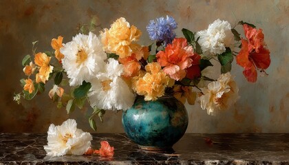 Vibrant floral arrangement in a teal vase, marble surface