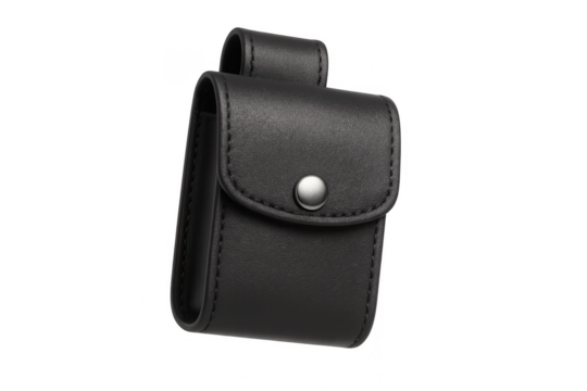 Black leather case with metal button, isolated on transparent background.
