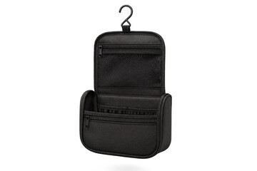 Black open hanging toiletry bag isolated on transparent background, travel essential