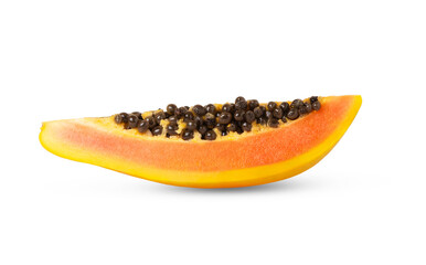 Slice of ripe yellow papaya fruit with seeds isolated.