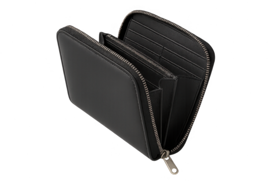 Stylish black leather wallet, half-open, isolated on transparent background