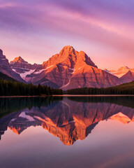 Fototapeta premium Mirrored pastel mountain peaks at sunset dreamlike symmetry