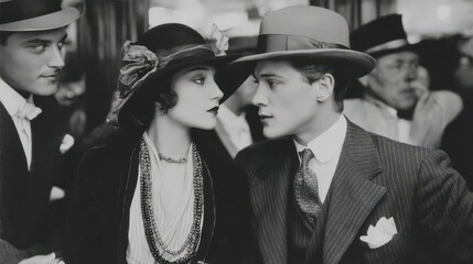 Vintage black and white film still of two lovers and onlookers