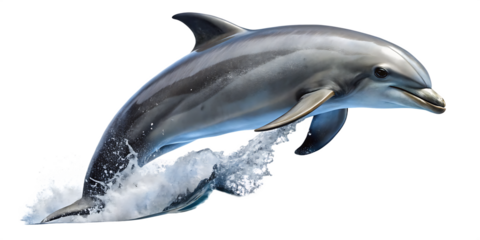 Sleek gray dolphin leaping through splashing water with a black background isolated on a transparent background