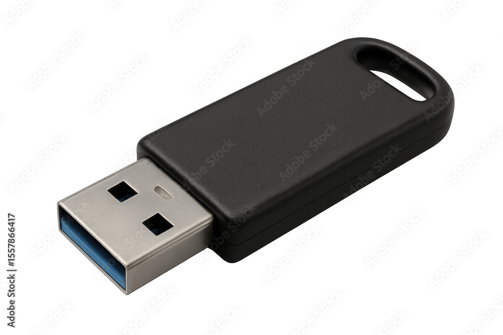 Poster close-up of a black usb flash drive, showcasing its metallic connector and convenient key ring loop,