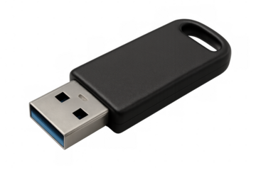 Close-up of a black usb flash drive, showcasing its metallic connector and convenient key ring loop, isolated on a transparent background